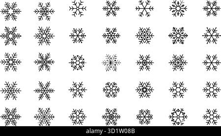 Set of 35 Black Snowflake Icons on White Background Stock Vector
