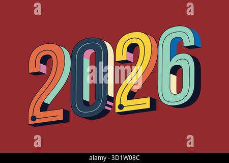 Retro style 3d numbers 2026 in vibrant colors on a dark red background Stock Vector