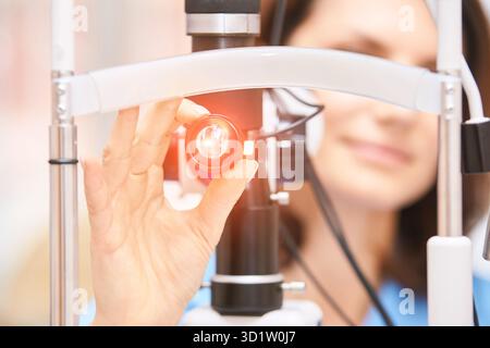 Ophthalmologist medical patient. Eye clinic treatment. Hospital optics Stock Photo
