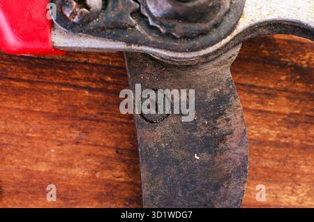 Macro photo of an old rusty Phillips screw, highlighting aged metal, corrosion, and worn texture. Ideal for repair, tools, industrial, and vintage con Stock Photo