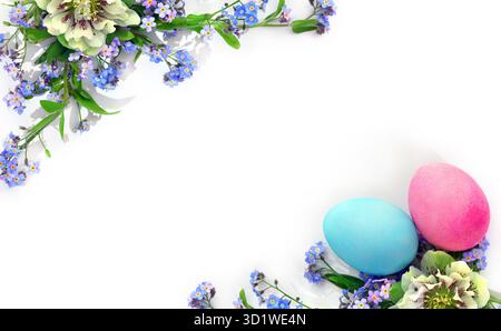 Easter decoration. Blue flowers forget-me-nots, white flower hellebores, Easter painted eggs on a white background with space for text. Top view, flat Stock Photo