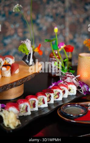 Assorted Sushi Nigiri on Wooden Platter Stock Photo
