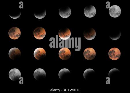 Lunar Eclipse Phases, Blood moon, Composite Lunar Eclipse Stock Photo