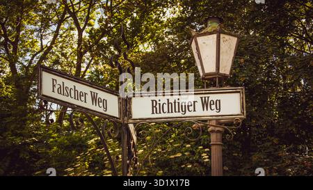 Signposts the direct way to right versus wrong Stock Photo - Alamy