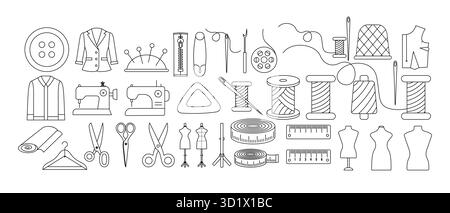 Set of sewing, tailoring, and garment making line icons thread, needle, scissors, mannequin, measuring tape, button, ruler and sewing machine. Stock Vector