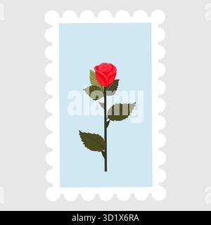 A postage stamp featuring a cute, bright red rose on a stem. Vector illustration isolated on a gray background. Stock Vector