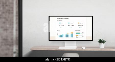Startup analytics dashboard on computer screen showing user growth, revenue, and traffic channels in modern office workspace with plant decoration Stock Photo