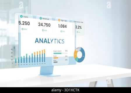 Futuristic analytics dashboard with digital charts, user metrics, and growth statistics floating above computer screen in modern office background Stock Photo