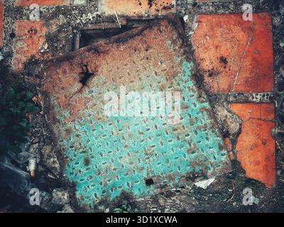 Old rusted and weathered metal plate with peeling turquoise paint lying on broken red tiles and crumbling ground Stock Photo