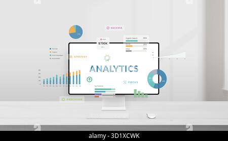 Modern office desk with digital screen displaying analytics charts and colorful icons representing focus, strategy, and innovation in creative agency Stock Photo