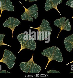 seamless pattern of hand draw illustrations floral outline golden ginkgo biloba leaves on black background. for wall decoration, postcard or brochure Stock Vector