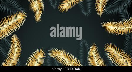 Set of golden palm tree leaves isolated on black transparent background ...
