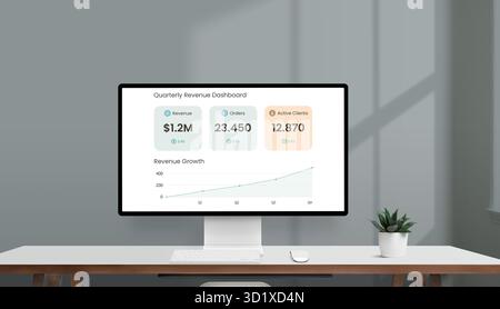 Modern computer monitor displaying a quarterly revenue dashboard with charts, key metrics, and financial growth analytics in a bright office workspace Stock Photo