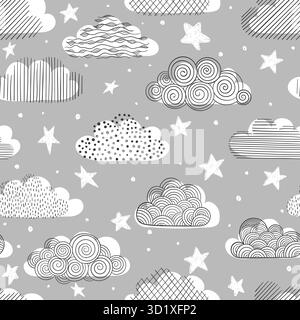 Black and white seamless pattern of doodle clouds. design background greeting cards and invitations to the wedding, birthday, mother s day Stock Vector