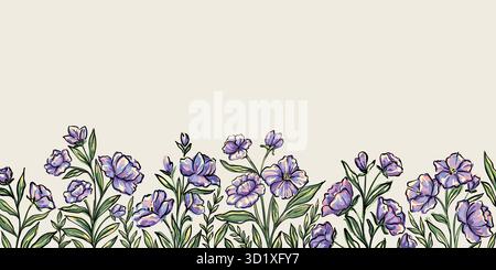Banner border frame painting flowers and leaves background vector. Wallpaper design with hand draw retro flowers, bouquets, leaf Stock Vector