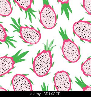 Seamless pattern with dragonfruits and pitaya slices. Hand drawn pitaya pattern on white background. for fabric, drawing labels, print, wallpaper Stock Vector