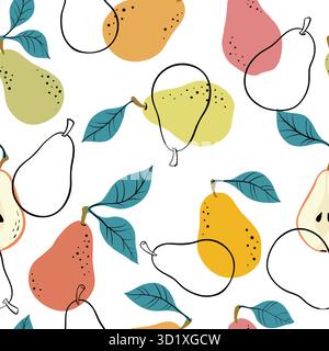 Seamless pattern with yellow and green pears and pear slices. Hand drawn pears pattern on white background. for fabric, drawing labels, print Stock Vector