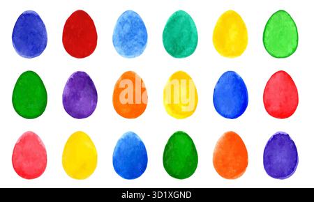 Set of colorful watercolor easter eggs on white background, Design elements for background, banner, Easter holiday card design Stock Vector