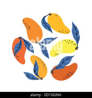 Set orange mango and blue leaf. Hand drawn yellow mango isolated on white background. for fabric, drawing labels, print, wallpaper of children's room Stock Vector