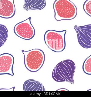 Tropical seamless pattern with violet figs and fig slices. Hand drawn fruits fig pattern on white background. for fabric, drawing labels, print Stock Vector
