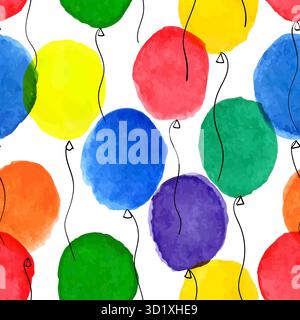 seamless pattern hand drawn cartoon watercolor balloons symbols of birthday party. design holiday greeting card and invitation of wedding Stock Vector