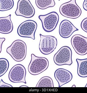Tropical seamless pattern with violet figs and fig slices. Hand drawn fruits fig pattern on white background. for fabric, drawing labels, print Stock Vector