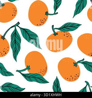 Tropical seamless pattern with mandarine and leaves. Hand drawn orange tangerine pattern on white background. for fabric, drawing labels, print Stock Vector