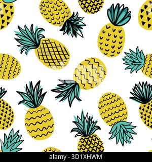 Tropical seamless pattern with yellow pineapples. Hand drawn pineapples pattern on white background. for fabric, drawing labels, print, wallpaper Stock Vector