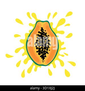 Tropical yellow papaya and juice splash. Hand drawn half papayas isolated on white background. fabric, drawing labels, print, wallpaper of children Stock Vector