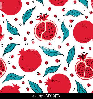 Seamless pattern with red pomegranates and pomegranate slices. Hand drawn pomegranates pattern on white background. for fabric, drawing labels, print Stock Vector