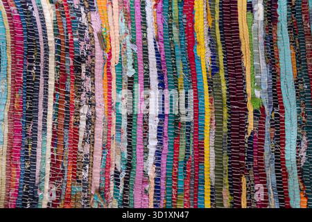 Vibrant Multi-Color Woven Fabric and Rag Rug Texture Background Stock Photo