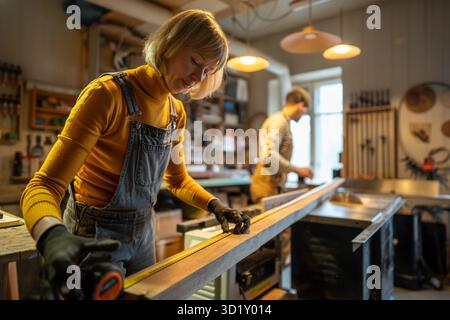Craftswoman carpenter measuring wooden plank with tape measure, making marks in carpentry workshop. Stock Photo