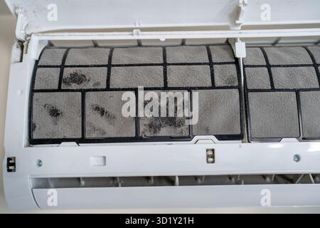 Dirty air conditioner filter in dust, untimely cleaning, maintaining and service of appliance. Stock Photo