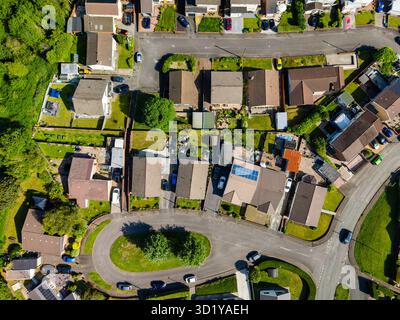 Overhead drone shot looking down on suburban houses, gardens, and roads in summer Stock Photo