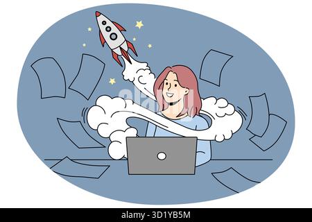 Motivated businesswoman working on computer launch startup. Smiling confident woman busy on laptop, rocket above head as innovative business idea. Vec Stock Photo