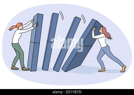 Businesswoman hold domino prevent from falling down. Concept of domino effect and chain reaction. Risky business project or idea, financial company cr Stock Photo