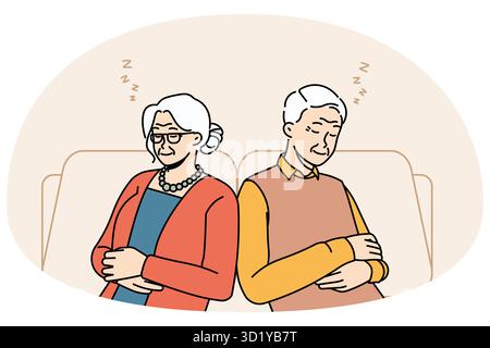 Tired old man and woman sit relax in chairs taking nap or daydreaming. Exhausted mature grandparents rest in armchairs sleeping and seeing dreams. Mat Stock Photo