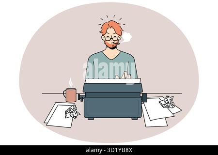 Man author typing on retro typewriter smoking cigarette. Concentrated typewriter working on vintage machine. Creative process concept. Vector illustra Stock Photo