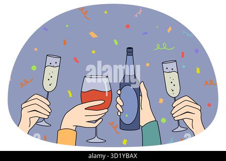 Hands of people holding glasses drinking together on party. Group having fun enjoy cocktails beverages on celebration. Vector illustration. Stock Photo