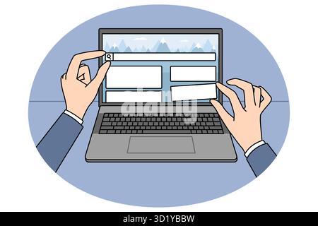 Close up of person hands move UI elements designing website on laptop. Web designer work create web page on computer. Technology and IT concept. Vecto Stock Photo