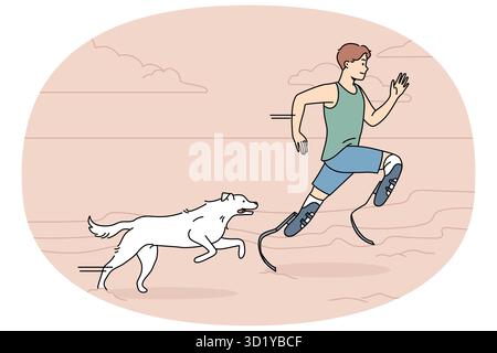 Athlete with prostheses running with dog on beach. Man with prosthetic legs training jogging with pet outdoors. Sport and disability. Vector illustrat Stock Photo