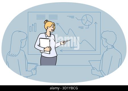 Female coach making business presentation for colleagues in office. Businesswoman presenting startup project on whiteboard at workplace. Vector illust Stock Photo