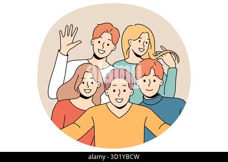 Smiling diverse friends posing for picture together. Happy people have fun feel optimistic enjoy friendship. Unity and diversity. Vector illustration. Stock Photo