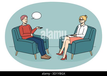 Man talking with female psychologist on session. Male patient sit in chair having psychotherapy session with counsellor. Mental health problem concept Stock Photo