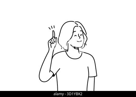 Smiling woman hold finger up generate creative idea or though. Happy female find answer or solve problem. Solution concept. Vector illustration. Stock Photo