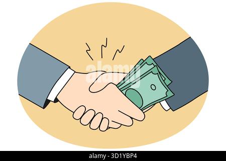 Businessmen shaking hands giving money bribe. Close-up of male business partners handshake closing deal. Financial bribery concept. Vector illustratio Stock Photo