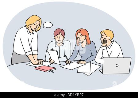 Diverse businesspeople sit at desk in office discuss paperwork at meeting together. Employees brainstorm engaged in teamwork at workplace. Vector illu Stock Photo