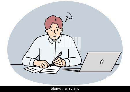 Young man sit at desk working on laptop making notes on paper. Guy studying online on computer writing in notebook. Education and remote job. Vector i Stock Photo