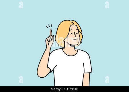 Smiling woman hold finger up generate creative idea or though. Happy female find answer or solve problem. Solution concept. Vector illustration. Stock Photo