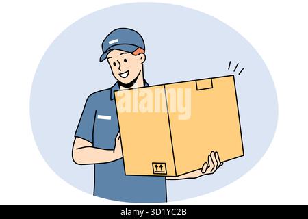Smiling deliveryman in uniform holding cardboard package. Happy male courier with box deliver order to client. Good delivery service. Vector illustrat Stock Photo